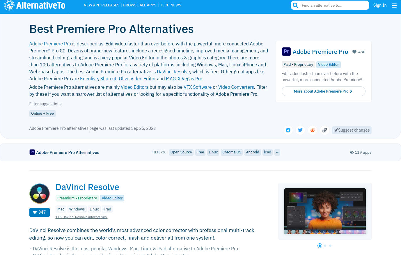 AlternativeTo offers a description and alternatives to Adobe Premiere Pro