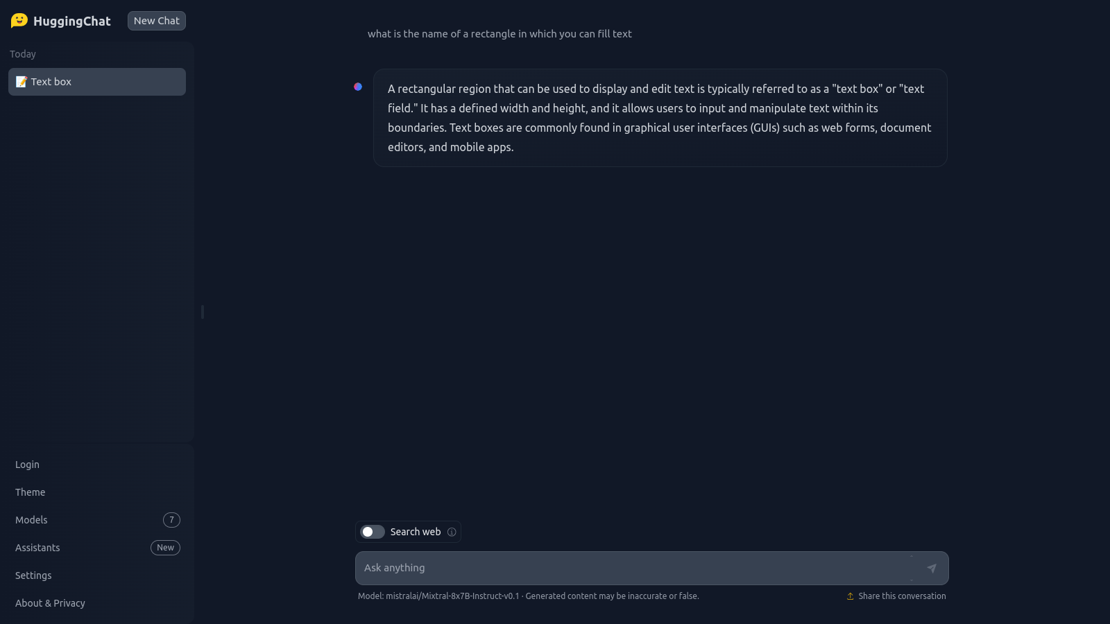 I ask HuggingChat how is called the rectangle in which you can write text, because I can’t remember
