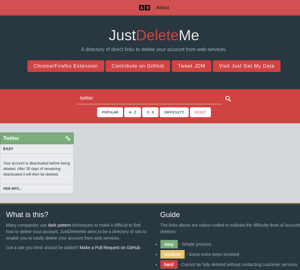 JusteDeleteMe shows me how to delete a Twitter account
